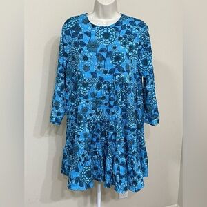 Zara Women’s Blue Floral Print 3/4 Sleeve Round Neck Flared Mini Summer Dress L